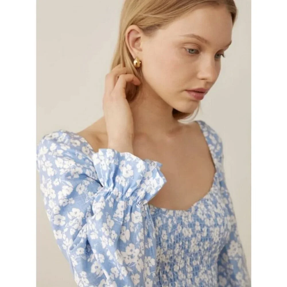 💕REFORMATION💕 Cambria Linen Top ~ Sofie Blue Floral Print Small S NWT - Picture 2 of 14